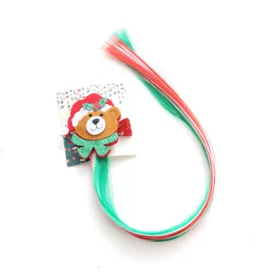 Cute Christmas bear hair clip with red and green colored hair extensions for girls