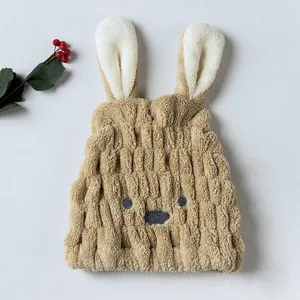 Bonnet de séchage en polaire corail avec oreilles de lapin mignonnes pour femmes