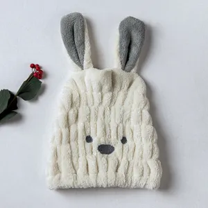 Bonnet de séchage en polaire corail douce avec oreilles de lapin pour sécher les cheveux