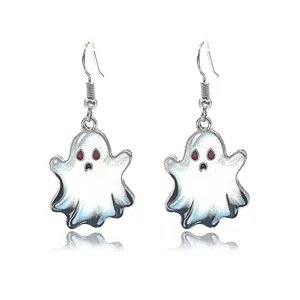 Spooky Halloween white ghost drop earrings with enamel drip oil finish and purple eyes