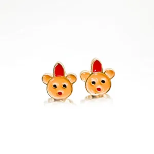 Adorable Christmas reindeer stud earrings with red hat details in oil-drop finish.