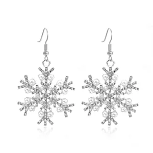 Elegant silver snowflake dangle earrings with pearls and crystal rhinestones for Xmas