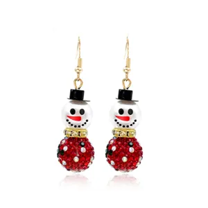 Detailed view of festive Christmas snowman earrings with sparkling red rhinestones