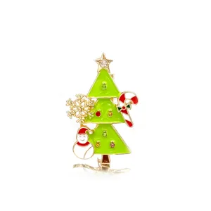 Macro detail of Christmas tree brooch featuring enamel finish and festive charms