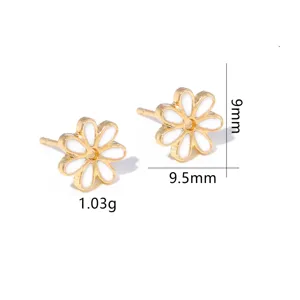 Macro view of white daisy stud earrings showing dimensions 9mm by 9.5mm.