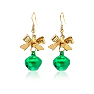 Festive Christmas drop earrings featuring golden bows and vibrant green bell pendants.