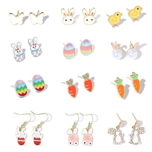 Easter Enamel Stud Earrings Colorful Zinc Alloy Rabbit Carrot Egg Flower Earrings For Women Festival Jewelry Gift With Stainless Steel Post