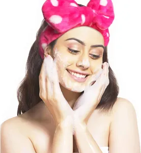 Cute Pink Polka Dot Flannel Headband Soft Bow Hair Band Makeup Face Washing Hair Hoop for Women