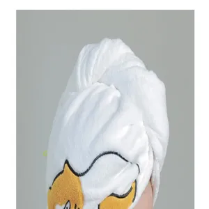 White coral fleece hair drying towel with cute cartoon duck embroidery, soft and absorbent.