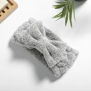 Grey fleece bow makeup headband detail shot showing soft texture and cute design for daily use.