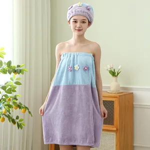 Coral fleece wearable bath towel and dry hair cap set with cute flower decor, soft.