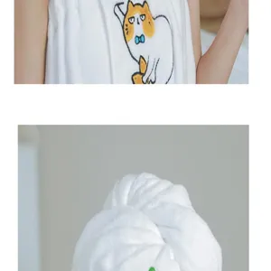 Cute cat embroidery coral fleece dry hair cap and bath towel set for women quick dry.