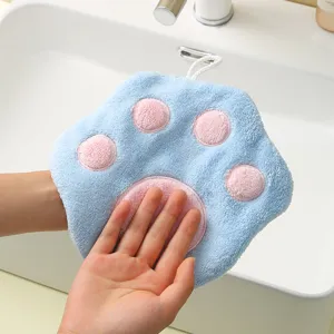 Cute cat paw coral fleece hand towel for kitchen and bathroom, soft absorbent hanging wipe towel.