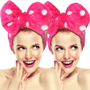 Soft flannel polka dot bow headband for washing face, cute makeup hair hoop accessory.