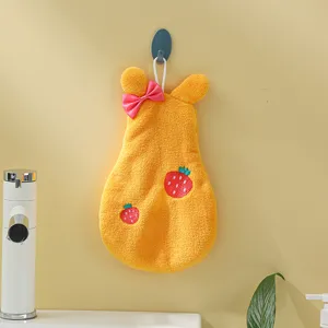 Hanging coral fleece hand towel with cute cartoon ears, pink bow, and embroidery.