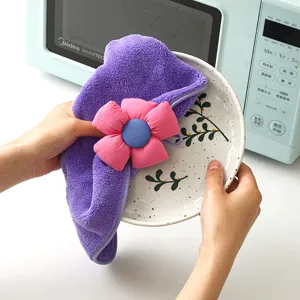 Hanging coral fleece hand towel with cute cartoon flower, highly absorbent for kitchen.