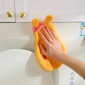 Hanging coral fleece hand towel with cute rabbit ears and absorbent soft kitchen rag.