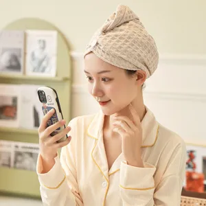 Waffle dry hair cap for women thick absorbent shower head towel turban with button design