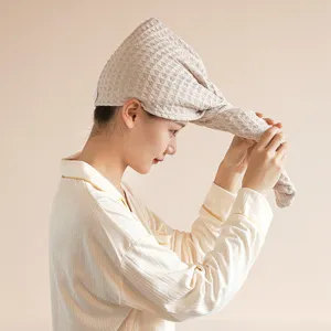 Thickened waffle quick drying hair cap towel wrap for women, soft microfiber bath cap main view.