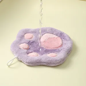 Cute cat paw coral fleece hanging hand towel, super absorbent kitchen bathroom detail view.
