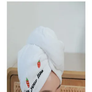 White coral fleece hair drying towel with cute strawberry embroidery, ultra absorbent wrap cap.