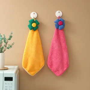 Hanging coral fleece hand towel with cute cartoon flower design, highly absorbent kitchen towel.