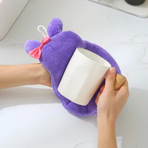 Purple plush hanging hand towel detail, soft coral fleece kitchen absorbent wipe with cute ears.