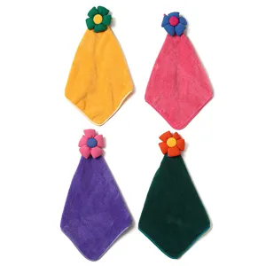 Cute hanging coral fleece hand towel with cartoon flower top, super absorbent wiping cloth.