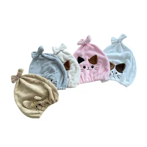 Cute cartoon cat coral fleece dry hair cap, highly absorbent quick-drying shower towel wrap.