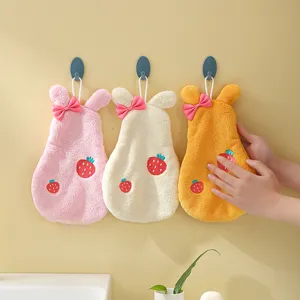 Hanging Hand Towel Cute Cartoon Rabbit Strawberry Embroidery Coral Fleece Absorbent Kitchen Bathroom Wipe Towel