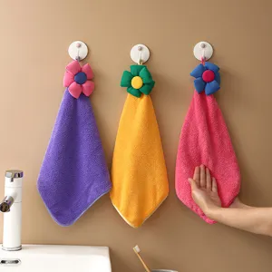 Hanging coral fleece hand towel with cartoon flower design, highly highly absorbent kitchen wiping cloth.