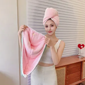 Thickened coral fleece dry hair cap, super absorbent double-layer shower head wrap towel.