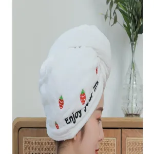 White coral fleece dry hair cap with cute strawberry embroidery and soft absorbent material