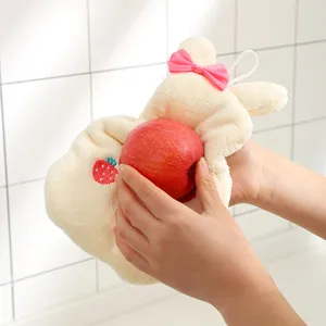 Cute bunny hand towel detail, soft coral fleece absorbent kitchen wipe with pink bow.