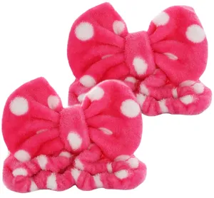 Cute pink polka dot bow headband flannel soft makeup face washing hair hoop for women