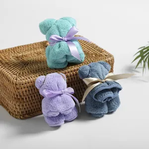 Cute coral fleece bear shaped square towel wedding gift set 30x30cm for daily home use