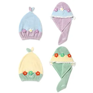 Cute floral coral fleece dry hair cap set, soft microfiber quick-drying shower hair towel wrap for women.