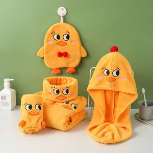 Schattige Tekenfilm Eend Koraalvlies Droog Haarkapje Absorberende Badhanddoek Sneldrogende Haartulip Douchekapje Badrok Set Vrouwen Badkamer Accessoires