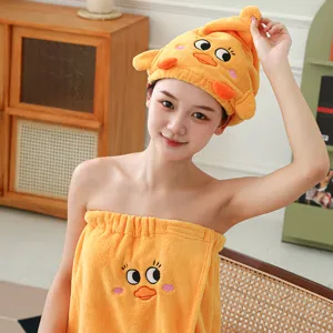 Leuke gele eend koraal fleece droog haar muts en badhanddoek set voor dames absorberend