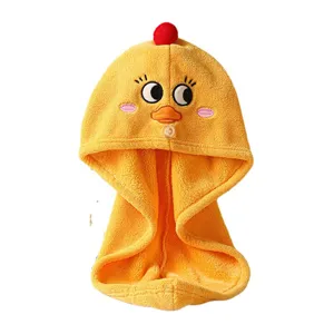 Leuke gele eend koraal fleece droog haar muts, absorberende cartoon haardoek voor vrouwen.