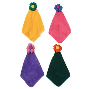 Hanging coral fleece hand towel with cute cartoon flower design, highly absorbent kitchen and bathroom wipe.