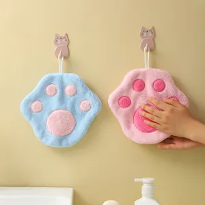 Cute cat paw hanging hand towel, soft coral fleece absorbent kitchen bathroom hanging towel.