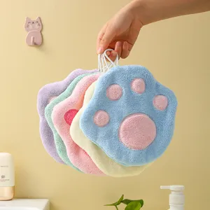 Coral fleece hanging hand towel cute cat paw absorbent kitchen wipe towel multi-color set