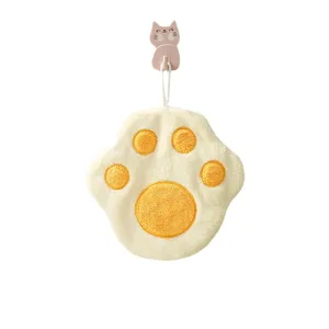 Cute cartoon cat paw hanging hand towel, soft coral velvet absorbent kitchen towel.