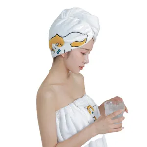 Cute cat embroidery coral fleece dry hair cap and bath towel set for women, super absorbent.