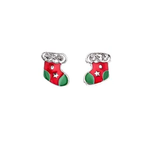 Christmas enamel stocking stud earrings with sparkling rhinestones and white star detail.