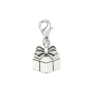 Exquisite silver gift box charm pendant with lobster clasp for DIY Christmas jewelry making