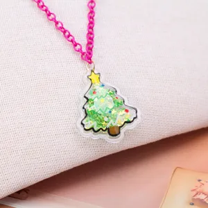 Collier Pendentif Sapin de Noël à Sable Mouvant Paillettes Vertes Chaîne en Alliage PVC Bijoux Enfants pour Fête de Noël Cadeau Fille