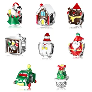 DIY Christmas Charms Beads For Jewelry Making Alloy Enamel Santa Claus Tree Gingerbread House Snake Chain Bracelet Accessories