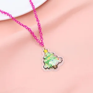 Collier pendentif sapin de Noël avec paillettes vertes et chaîne rose pour enfant